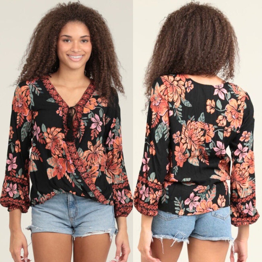 ANGIE‎ Black Floral Print Faux Wrap Blouse, Small, V Neck Tie Tassel Long Sleeve